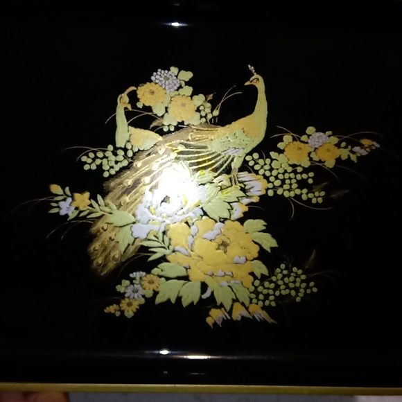 Otagiri Original Gold Peacock Flowers Black Lacquer Tray Dish Hand Crafted Japan - Picture 7 of 14